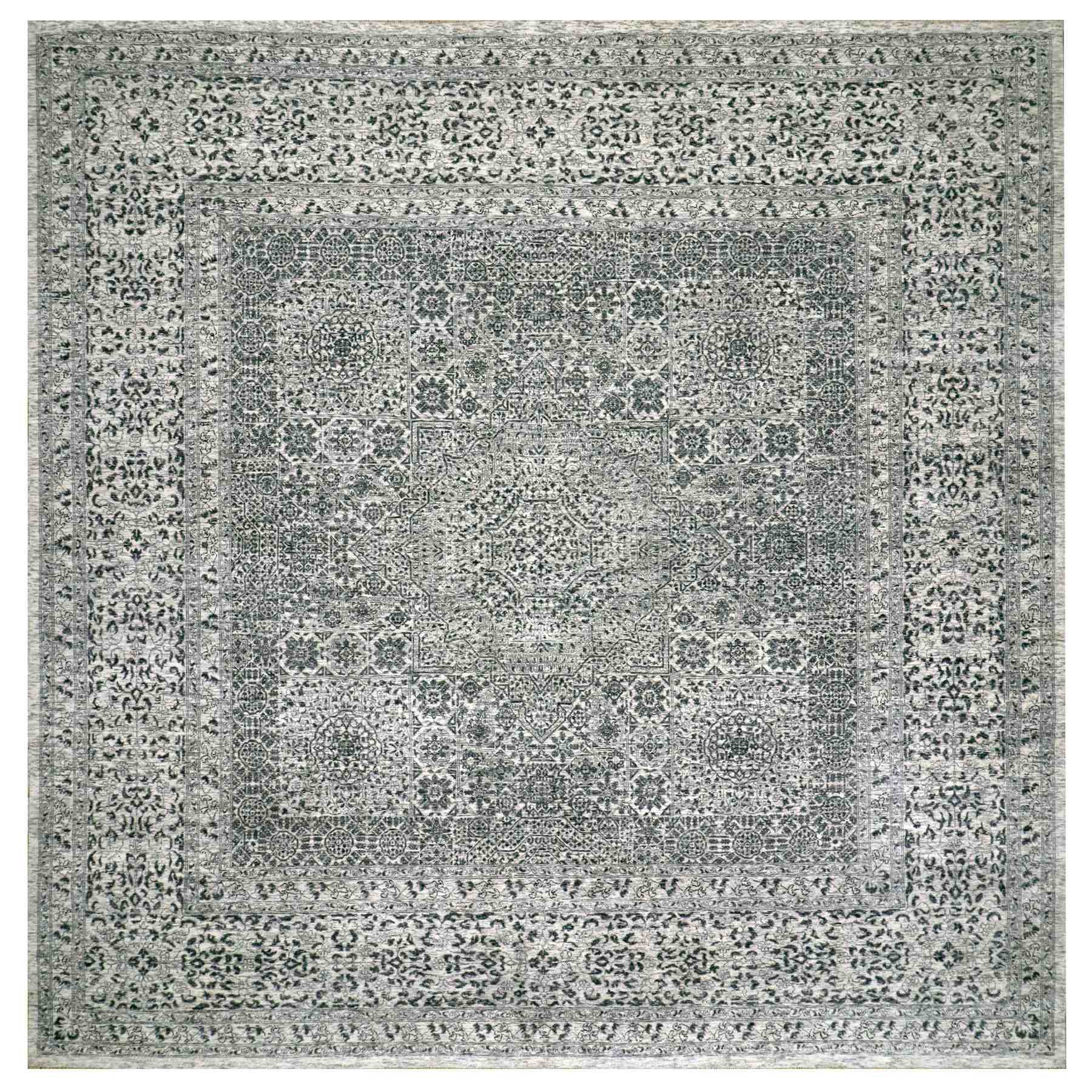 12'x12' Cloud White, Undyed Hand Knotted Soft and Vibrant Wool, Mamluk Dynasty, Tone on Tone Design, Square Oriental Rug 